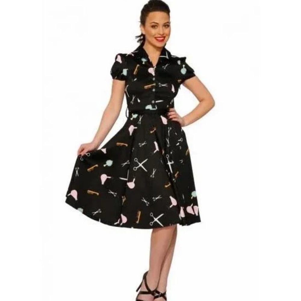 Heart & Roses London Black Flare Dress with Unique Hair Stylist Pattern. Sz:XXL